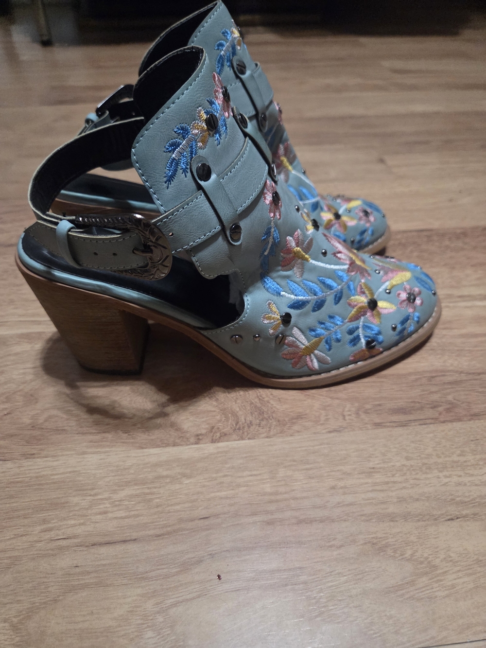 Embroidered Floral Ankle Boots in Light Teal - Picture 3 of 5